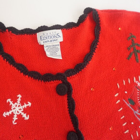 Vtg Basic Holiday Editions Red Embroidered Winter Button Up Cardigan Sweater L - Picture 12 of 12